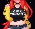  1girl black_background black_sports_bra blue_shorts blush breasts choker commentary elly_(1st_costume)_(vtuber) elly_(vtuber) english_commentary highres huge_breasts indie_virtual_youtuber jacket limebreaker long_hair midriff navel open_mouth ponytail red_hair short_shorts shorts solo sports_bra sweat virtual_youtuber yellow_jacket 