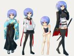  1girl absurdres aged_up arm_up ayane_ichijou back_ribbon barefoot belt black_belt black_bra black_gloves black_hakama black_jacket black_pantyhose black_sailor_collar black_sash black_skirt black_thighhighs blue_hair blue_kimono boots borrowed_clothes bra breast_zipper breasts buckle collared_jacket competition_school_swimsuit contrast_collar covered_navel dress embarrassed empty_eyes floral_print floral_print_kimono garter_straps gloves hakama hakama_skirt hand_on_own_arm hand_on_own_hip hands_up high_heel_boots high_heels highres jacket japanese_clothes katana kimono leaning_forward light_blush long_ribbon long_sleeves looking_at_viewer loose_hair_strand medium_breasts medium_hair microdress multiple_belts multiple_views neckerchief official_alternate_costume official_alternate_hairstyle pandemonic_planet_(wmzplanet) pantyhose parted_lips pleated_skirt print_kimono red_eyes red_neckerchief red_ribbon ribbon sailor sailor_collar sandals sash school_swimsuit school_uniform shirt short_hair skirt small_breasts smile socks soukou_akki_muramasa swimsuit sword thighhighs tied_dress torn_clothes torn_jacket underwear weapon white_background white_dress white_shirt white_socks wide_sleeves 