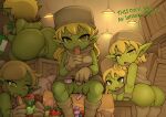  anus big_butt blonde_hair butt dialogue eating female food fruit genitals goblin green_body green_skin group hair hi_res humanoid noise_(artist) not_furry plant pussy short_stack 