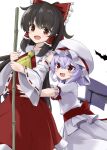  2girls :d akisome_hatsuka ascot back_bow bamboo_broom bat_(animal) bat_wings bow broom brown_eyes brown_hair commentary_request detached_sleeves fang frilled_bow frilled_hair_tubes frilled_skirt frills hair_bow hair_tubes hakurei_reimu hat holding holding_broom imminent_hug long_hair mob_cap multiple_girls open_mouth pointy_ears puffy_short_sleeves puffy_sleeves purple_hair red_bow red_eyes red_nails red_skirt remilia_scarlet ribbon-trimmed_sleeves ribbon_trim shirt short_sleeves simple_background skirt skirt_set smile touhou very_long_hair white_background white_hat white_shirt white_skirt wings yellow_ascot 