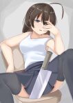  1girl absurdres black_thighhighs breasts brown_hair chair cleaver commentary_request grey_eyes grey_skirt highres jiangshibu!@#$ looking_at_viewer on_chair open_mouth saionji_sekai school_days short_hair skirt solo swivel_chair tank_top thighhighs white_tank_top 