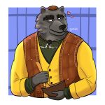  2026 absurd_res anthro apolaskiart bear bear_(don't_eat_the_neighbours) bowl brown_clothing brown_hat brown_headwear brown_topwear brown_vest clothing container digital_media_(artwork) don't_eat_the_neighbours fur green_clothing green_shirt green_topwear grey_body grey_fur hat headgear headwear hi_res jacket jewelry male mammal necklace shirt solo topwear vest wooden_spoon yellow_clothing yellow_jacket_(clothing) yellow_topwear 
