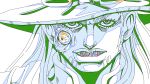  1boy araki_hirohiko_(style) beard blonde_hair comic_panel_redraw commentary commentary_request cowboy_hat derivative_work english_commentary eyeball facial_hair goggles goggles_on_headwear grills grin gyro_zeppeli hat high_collar highres jojo_no_kimyou_na_bouken jojomelhoranim limited_palette lips long_hair makeup male_focus monochrome shirt smile solo spanish_commentary steel_ball_run 