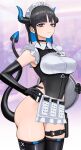  1girl absurdres apron black_choker black_gloves black_hair black_thighhighs blue_eyes blue_hair choker colored_inner_hair commentary_request demon_girl demon_horns demon_tail earrings elbow_gloves frown gloves hand_on_own_hip highleg highleg_leotard highres holding holding_tray horns jewelry leotard looking_at_viewer magazine_(weapon) maid maid_apron maid_headdress multicolored_hair name_tag original short_hair sunao_(70_the) tail thigh_strap thighhighs tray two-tone_hair 