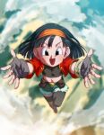  1girl :d belt black_belt black_eyes black_hair black_pantyhose commentary_request dragon_ball dragon_ball_heroes fingerless_gloves flat_chest gloves green_shorts grey_gloves hairband jacket looking_at_viewer midriff navel open_clothes open_jacket open_mouth orange_hairband pan_(dragon_ball) pan_(xeno)_(dragon_ball) pantyhose red_jacket rom_(20) short_hair shorts single_leg_pantyhose smile solo 