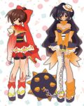  2girls animification back_bow ball_and_chain_(weapon) banaan_(hs1xruqfor52407) bandana bare_shoulders black_hair black_shorts bow brown_hair cole_(ninjago) commentary detached_sleeves dress faux_retro_artstyle folding_fan genderswap genderswap_(mtf) hair_between_eyes hand_fan hand_up hat highres holding holding_fan holding_weapon japanese_clothes kai_(ninjago) kimono kimono_dress leg_warmers long_hair long_sleeves mini_hat multiple_girls ninjago orange_bandana orange_bow orange_dress orange_eyes orange_leg_warmers red_bow red_eyes red_kimono sandals short_hair shorts shorts_under_dress single_leg_warmer single_thighhigh sleeveless sleeveless_dress socks spike_ball spiked_ball_and_chain tabi thighhighs very_long_hair weapon white_hat white_socks white_thighhighs wide_sleeves zouri 