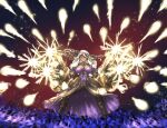  1girl absurdres barrel_gatling_gun black_capelet black_pants black_skirt black_sleeves breasts capelet cleavage code_vein_ii commentary dark-skinned_female dark_skin dual_wielding energy_bullet english_commentary field firing firing_at_viewer flower flower_field full_body gatling_gun gold_halo gun halo highres holding holding_gun holding_weapon holly_asturias huge_weapon ironlily large_breasts long_hair long_skirt muzzle_flash pants purple_skirt red_eyes revision serious showgirl_skirt skirt solo standing two-tone_skirt weapon white_hair 