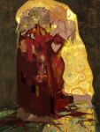  1boy 1girl ahoge blonde_hair blood braid braided_ponytail cloak closed_eyes command_spell commentary_request dress fate/strange_fake fate_(series) fine_art_parody fur-trimmed_cloak fur_trim glasses gustav_klimt_(style) highres kiss kissing_cheek korean_commentary long_hair medium_hair multicolored_hair parody red_dress red_streaks richard_i_(fate) sajou_ayaka_(fate/strange_fake) side_braid single_braid streaked_hair the_kiss yubyub126 