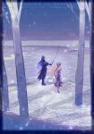  1boy 1girl black_capelet blonde_hair blue_hair blue_ribbon bucket capelet collared_capelet commentary_request crossed_bangs dress fishing fishing_rod flins_(genshin_impact) from_behind full_body genshin_impact gradient_hair hair_between_eyes hair_intakes hand_on_own_back highres holding holding_fishing_rod lamp landscape long_hair multicolored_hair nicole_reeyn ocean ribbon snow snowing uwazumi_yodomi white_dress winter 