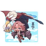  1girl absurdres bird bird_girl black_shorts blue_eyes blush braviary brown_thighhighs chibi cloud collared_shirt commentary_request crossover day deformed drifblim dripping_eye fang flying full_body gloves grey_jacket hairband head_wings highres hololive jacket jadea5124 leather_shorts long_sleeves medium_hair necktie open_clothes open_jacket open_mouth outdoors pantyhose pantyhose_under_shorts pink_hair pink_wings pokemon pokemon_(creature) puffy_long_sleeves puffy_sleeves red_necktie rufflet shirt shorts sweatdrop takane_lui takane_lui_(1st_costume) thighhighs virtual_youtuber white_shirt wings 