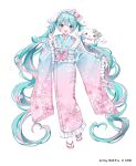  1girl :d aqua_eyes aqua_hair aqua_kimono artist_name blush cherry_blossoms chibana_sora cinnamoroll commentary_request company_name copyright_notice flower frilled_kimono frills full_body fuwa_fuwa_cinnamoroll gradient_clothes gradient_hair gradient_kimono hair_flower hair_ornament hairclip hatsune_miku heart heart-shaped_hair highres japanese_clothes kimono looking_at_viewer maid_headdress multicolored_hair obi official_art parallel_hairclips pink_hair pink_kimono pink_shoes sandals sanrio sash shoes simple_background smile socks solo streaked_hair tabi tongue twintails vocaloid white_background white_socks wide_sleeves zouri 