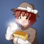  1girl bag black_capelet black_hat blue_background bow breasts brown_eyes brown_hair capelet collared_capelet commentary_request drooling fedora food gripatche hat hat_bow holding holding_bag holding_food long_sleeves medium_breasts medium_hair open_mouth ribbon-trimmed_capelet ribbon_trim shirt solo steam steamed_bun sweatdrop teeth touhou upper_body usami_renko white_bow white_shirt 