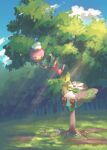  bird closed_eyes cloud commentary_request day drifloon flower grass light_rays mokukitusui no_humans outdoors pokemon pokemon_(creature) rowlet sky tree 