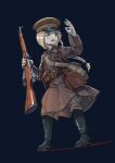  1girl ammunition_pouch black_background black_boots blonde_hair blue_eyes bolt_action boots braid brown_coat brown_hat brown_pants coat commentary dirty dirty_clothes english_commentary erica_(naze1940) full_body gun hat highres holding holding_gun holding_weapon long_hair military_combat_uniform military_uniform mosin-nagant mud open_mouth original pants peaked_cap pouch rifle single_braid solo soviet_army waving weapon 