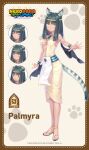  1girl animal_ear_fluff animal_ears animal_hands apron armlet bell black_fur black_hair blush bracelet breasts cat_ears cat_girl cat_tail character_name closed_eyes closed_mouth clothing_request copyright_name covered_nipples dress expressionless green_eyes grey_fur happy high_heels jewelry long_hair long_tail looking_to_the_side multicolored_fur name_tag navel nekopara nekopara_sekai_connect official_art open_mouth outstretched_hand palmyra_(nekopara) paw_print paw_print_background sayori_(neko_works) sideboob smile spread_fingers standing sweat tail tan waist_apron white_apron white_fur yellow_dress 