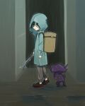  1boy bag black_shoes brown_bag closed_mouth commentary_request day fang fang_out green_hair grey_pants hair_between_eyes highres holding hood hood_up long_sleeves looking_to_the_side male_focus otakatu_popopo outdoors pants pokemon pokemon_(anime) pokemon_(creature) pokemon_horizons puddle rain raincoat sableye shoes standing ult_(pokemon) 