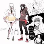  1boy 2girls black_hair blood bloodlight_(nyantcha) blue_eyes breasts commentary cosplay english_commentary english_text gladion_(pokemon) gladion_(pokemon)_(cosplay) highres lazarus_(nyantcha) lusamine_(pokemon) lusamine_(pokemon)_(cosplay) mariah_(nyantcha) mother_and_child multiple_girls nyantcha original parent_and_child plumeria_(pokemon) plumeria_(pokemon)_(cosplay) pointy_ears scar scar_across_eye scar_on_face sister_almonde_(nyantcha) speech_bubble 