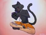 4:3 4_fingers aged_up anthro arm_tuft belly_tuft black_body black_eyebrows black_fur black_nose black_sclera blue_phone bottomwear cheek_tuft chin_tuft clothing crossed_legs digital_drawing_(artwork) digital_media_(artwork) digital_painting_(artwork) domestic_cat electronics eyebrows facial_tuft felid feline felis fingers focused fur gaming gradient_background head_tuft headphones holding_object holding_phone jacket male mammal mouselect mouth_closed orange_clothing orange_eyes orange_jacket orange_topwear painting_(artwork) pants paws phone pink_body pink_skin playing_video_game pupils red_background shirtless shoeless shoulder_tuft simple_background sitting solo tan_bottomwear tan_clothing tan_pants three-quarter_view tongue tongue_out topwear tuft tuft_ears white_background white_pupils wire