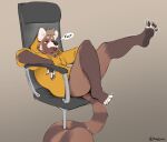  2023 5_fingers 5_toes ailurid anthro barefoot bottomless brown_body brown_fur chair clothed clothing english_text feet fingers foot_fetish foot_focus fur furniture hi_res hindpaw hoodie hoodie_only humanoid_feet male mammal minedoo minedoo_(character) office_chair on_chair paws plantigrade presenting red_panda sitting sitting_on_chair soles solo text toes topwear topwear_only 