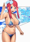  1girl :d alternate_breast_size bangs bikini blue_bikini blue_eyes breasts character_name clenched_hand commentary_request eyelashes hair_ornament hand_up highres navel one_side_up open_mouth pink_hair pokemon pokemon_(game) pokemon_bw short_hair_with_long_locks sidelocks skyla_(pokemon) smile solo swimsuit teeth tongue upper_teeth xin_lan_deng 