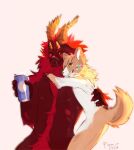  2019 4_horns anthro can canid container dated dragon duo embrace famir_(artist) female front_view fur furred_dragon grin hair hi_res holding_can holding_container holding_object horn hug male mammal mouth_closed multi_horn orange_body orange_fur orange_hair orange_horn red_body red_eyes red_fur sharp_teeth side_view signature simple_background smile teeth white_background white_body white_fur yellow_eyes 