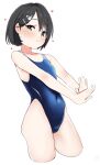  1girl berserkert black_hair blue_one-piece_swimsuit blush brown_eyes closed_mouth covered_navel flat_chest hair_ornament hairclip heart highres idolmaster idolmaster_cinderella_girls looking_at_viewer one-piece_swimsuit sasaki_chie short_hair simple_background solo swimsuit thighs white_background 