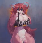  2022 abs anthro big_breasts blue_eyes bottomless bra bra_in_mouth breasts clothed clothing countershading digital_media_(artwork) domestic_cat felid feline felis female fist fur hair hi_res huge_breasts long_hair looking_aside mammal navel pink_body pink_fur pink_hair simple_background solo underwear white_body white_countershading zer0ember zoe_(zer0ember) 