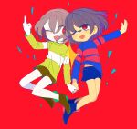 2girls bangs blue_footwear blue_shirt blue_shorts boots brown_footwear brown_hair brown_shorts chara_(undertale) checkpoint floating frisk_(undertale) green_shirt hand_up holding_hands long_sleeves looking_at_another middle_finger multiple_girls one_eye_closed open_mouth red_background red_eyes shirt short_hair shorts simple_background smile soseji_(tjduswjd) star_(symbol) striped striped_shirt undertale 