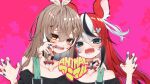  ahoge animal_(vocaloid) animal_ears bandaid bandaid_on_arm bangs black_hair black_shirt blue_eyes brown_eyes brown_hair choker claw_pose drooling fangs feather_hair_ornament feathers finger_in_another&#039;s_mouth hair_down hair_ornament hairclip hakos_baelz heart heart_choker heart_o-ring heart_ring_choker hololive hololive_english jirai_kei long_hair mouse_ears mouse_girl multicolored_hair multicolored_nails nanashi_mumei off-shoulder_shirt off_shoulder official_alternate_costume official_art pink_background red_hair saliva shirt song_name streaked_hair suspenders suspenders_slip tsune_(tune) very_long_hair virtual_youtuber white_hair 