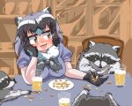  2022 4_ears animal_humanoid arai-san beverage biped black_nose chair clothed clothing detailed_background feral food furniture grey_body group humanoid humanoid_hands inside kemono_friends mammal mammal_humanoid multi_ear paws procyonid procyonid_humanoid raccoon_humanoid sitting umikazenet3 