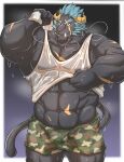  abs anthro biceps black_body black_fur blep blush bodily_fluids bulge clothing fur hi_res horn krampus_(housamo) lifewonders male monster muscular muscular_anthro muscular_male musk_clouds pecs shirt solo sweat tokyo_afterschool_summoners tongue tongue_out topwear video_games wajio_6 wet wet_clothing wet_shirt wet_topwear 