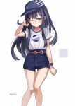  1girl akatsuki_(kancolle) alternate_costume anchor_ornament baseball_cap black_cap black_hair blue_shorts commentary_request cowboy_shot denim denim_shorts hat highres kantai_collection long_hair looking_at_viewer one_eye_closed shirt shorts simple_background solo standing sugue_tettou white_background white_shirt 