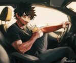  1boy artist_name black_hair blue_eyes boku_no_hero_academia burn_scar car_interior cheek_piercing dabi_(boku_no_hero_academia) drink driving highres holding holding_drink looking_at_viewer male_focus multiple_scars scar sharl0ck sitting solo spiked_hair staple stapled tongue tongue_out 