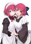  2girls apron black_dress black_kimono blue_bow blue_eyes bow dress fukiya_(fumiakitoyama) hair_bow highres hisui_(tsukihime) holding_hands japanese_clothes juliet_sleeves kimono kohaku_(tsukihime) long_sleeves maid_headdress multiple_girls puffy_sleeves red_hair short_hair siblings sisters tsukihime twins wa_maid white_apron yellow_eyes 