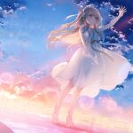  1girl :o a20_(atsumaru) bangs bare_shoulders black_ribbon blush brown_hair building clenched_hand cloud cloudy_sky commentary_request dress dutch_angle fireworks hand_on_own_chest high_heels highres hololive long_hair looking_away no_socks open_mouth orange_sky reaching ribbon sky solo standing swept_bangs teeth white_dress yozora_mel 
