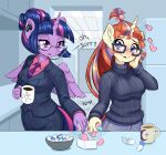  &lt;3 2022 anthro beverage blush bottomwear business_suit clothed clothing coffee coffee_cup container cup dialogue dstears duo english_text equid equine eyelashes eyewear feathered_wings feathers female friendship_is_magic fully_clothed glasses hair hand_on_cheek hasbro hi_res holding_cup holding_object horn inner_ear_fluff inside long_hair mammal moondancer_(mlp) multicolored_hair multicolored_tail my_little_pony necktie pants purple_eyes suit sweater text topwear tuft turtleneck twilight_sparkle_(mlp) unicorn winged_unicorn wings 