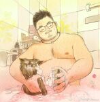  1boy animal arm_hair asian bara bathing bathroom bathtub beard belly bull cat chest_hair cleaning_brush completely_nude facial_hair fat fat_man glasses holding holding_animal holding_cat junsun male_focus mature_male mustache nipples nude original pectorals short_hair solo traditional_media upper_body weibo_logo weibo_username wet white_background 