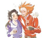 2boys :d arm_around_neck augustine_sycamore beard blush closed_eyes commentary_request cup curly_hair drinking_glass facial_hair fingerless_gloves gloves holding holding_cup im_i_masa lysandre_(pokemon) male_focus multiple_boys open_mouth orange_hair orange_shirt pants pokemon pokemon_(game) pokemon_xy shirt smile tongue white_background wine_glass yellow_belt 