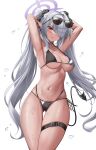 1girl absurdres armpits arms_behind_head arms_up bikini black_bikini black_choker black_ribbon blue_archive blush breasts chestnut_mouth choker dark-skinned_female dark_skin demon_tail elze_(s01047480836) eyewear_on_head grey_hair hair_over_one_eye hair_ribbon halo highres iori_(blue_archive) iori_(swimsuit)_(blue_archive) long_hair medium_breasts navel open_mouth pointy_ears red_eyes revision ribbon simple_background skindentation solo stomach sunglasses swimsuit tail thigh_strap thighs twintails underboob very_long_hair wet white_background 
