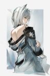  1girl absurdres animal_ears arknights bare_back bare_shoulders black_collar cat_ears cat_girl collar dress from_behind green_eyes grey_background grey_hair hair_intakes highres holding kal&#039;tsit_(arknights) off-shoulder_dress off_shoulder oripathy_lesion_(arknights) rinne0611 short_hair simple_background sleeves_past_elbows solo upper_body watch white_dress wristwatch 