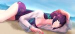  1girl absurdres bangs beach dress fate/grand_order fate_(series) glasses highres long_hair looking_at_viewer nail_polish pink_nails purple_hair red_eyes scathach_(fate) scathach_skadi_(fate) scathach_skadi_(swimsuit_ruler)_(fate) scathach_skadi_(swimsuit_ruler)_(second_ascension)_(fate) scrunchie see-through see-through_sleeves smartwatch sweater sweater_dress watch wristwatch zaqwe0748159263 
