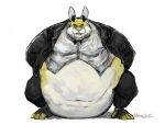  anthro aokamidu belly belly_overhang big_belly bow_tie buckteeth chubby_cheeks clothed clothing double_chin fur hands_behind_back lagomorph leporid male mammal moobs morbidly_obese morbidly_obese_anthro morbidly_obese_male navel obese obese_anthro obese_male open_mouth open_smile overweight overweight_anthro overweight_male rabbit smile solo standing straining_buttons suit teeth tight_clothing wide_hips yellow_body yellow_fur 