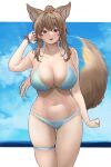  1girl absurdres animal_ear_fluff animal_ears bare_arms bare_shoulders bikini blue_bikini blue_eyes breasts brown_hair chroong cleavage flower hair_between_eyes highres large_breasts light_smile long_hair looking_at_viewer navel ponytail purple_flower skindentation solo standing stomach swimsuit tail thigh_gap thigh_strap 