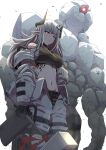 1girl arknights arms_at_sides bare_shoulders black_gloves breasts gloves glowing glowing_eye grey_hair hair_ornament highres holding holding_weapon horns large_breasts long_hair long_sleeves monster mudrock_colossus_(arknights) navel open_clothes oripathy_lesion_(arknights) pointy_ears red_eyes samacho sarashi simple_background solo sports_bra standing stomach thigh_strap weapon white_background 