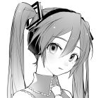  1girl amg_(amo10) collared_shirt expressionless greyscale hair_between_eyes hatsune_miku head_tilt headset highres light_blush long_hair looking_at_viewer monochrome necktie parted_lips portrait shirt simple_background sketch solo twintails vocaloid white_background 