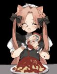  1girl amapan_0 animal_ears black_background black_bow black_shirt bow cat_ears closed_eyes food hair_bow holding long_hair open_mouth original pink_hair plate pouring puffy_sleeves sauce shirt solo table tomato_sauce twintails very_long_hair 