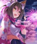  1girl animal_ear_fluff animal_ears armpit_peek bangs black_gloves blue_archive breasts brown_hair cherry_blossoms eyeshadow fang film_grain fireworks flat_color fox_ears fox_girl fox_hair_ornament fox_shadow_puppet fox_tail from_side gloves hair_ornament halo hand_up highres izuna_(blue_archive) light_blush ligne_claire looking_at_viewer makeup medium_breasts neckerchief ninja open_mouth partially_fingerless_gloves pink_neckerchief red_eyeshadow sailor_collar scarf sch school_uniform serafuku short_hair skin_fang smile solo tail white_serafuku yellow_eyes 
