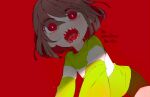  1girl bangs blood brown_hair brown_shorts chara_(undertale) from_below green_shirt long_sleeves looking_at_viewer looking_down open_mouth red_background red_eyes sharp_teeth shirt short_hair shorts simple_background soseji_(tjduswjd) striped striped_shirt teeth undertale 