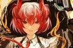  1girl absurdres animal_ears arknights bird_ears collared_shirt fiammetta_(arknights) fire highres looking_at_viewer necktie parted_lips portrait red_eyes red_hair red_necktie shirt short_hair sketch solo white_shirt yuki_flourish 