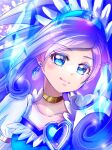  1girl blue_dress blue_eyes blue_hair blue_theme breasts brooch choker collarbone crystal_earrings cure_diamond dokidoki!_precure dress earrings hair_ornament heart_brooch highres hishikawa_rikka jewelry lips long_hair looking_at_viewer manekineko88 precure puffy_short_sleeves puffy_sleeves short_sleeves small_breasts solo tiara upper_body very_long_hair yellow_choker 